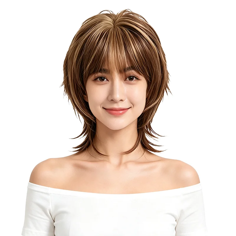 Brown Blonde Wolf Cut Wig Women Short Mullet Wig with Bangs Fluffy Shaggy Layered Synthetic Hair Heat Resistant For Daily Party