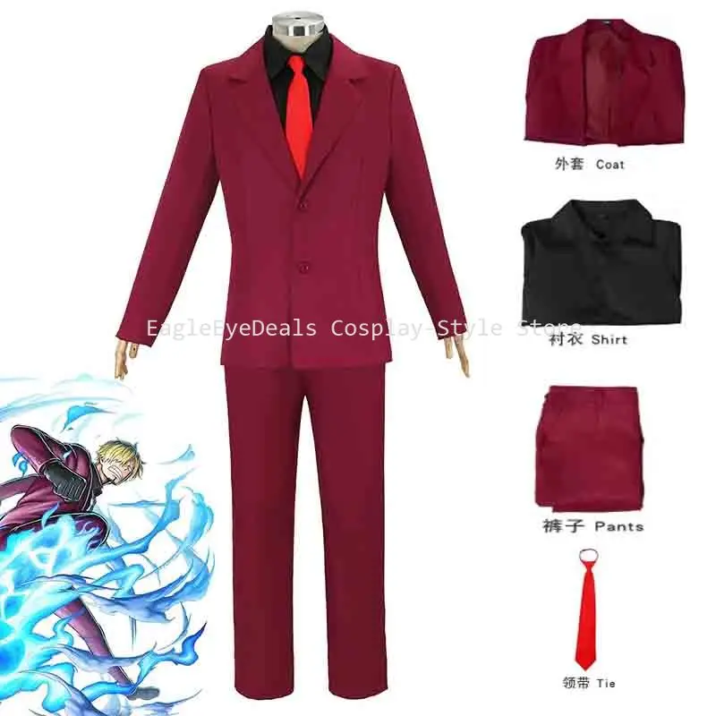 

Anime Sanji Cosplay Costume Pirates Shirt Long Pants Men Set Fantasy Red Uniform Halloween Carnival Party Disguise Outfit