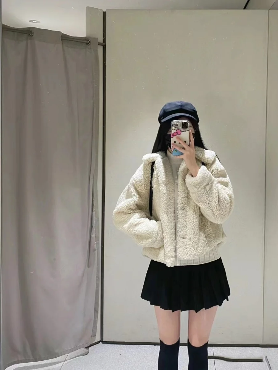 Dames Thiened Lamsbont Jaet Loose Fit Kraag bovenkleding Herfst Winter Nieuwe collectie Pure kleur Veelzijdige knoopsluiting