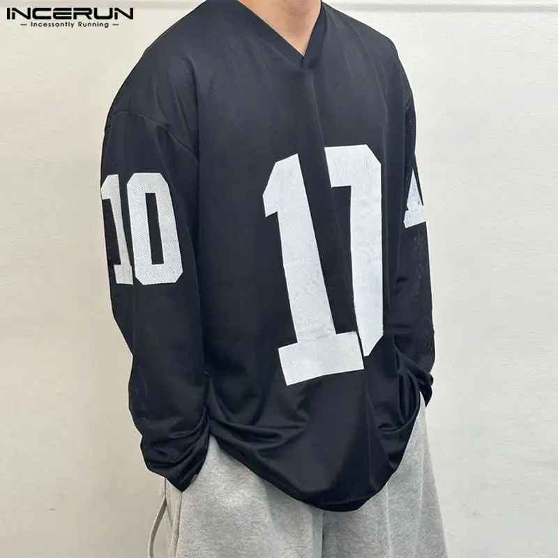 INCERUN Tops 2024 Korean Style Fashion Men Breathable Mesh Digital Print T-shirts Casual Male V-neck Long Sleeved Camiseta S-5XL