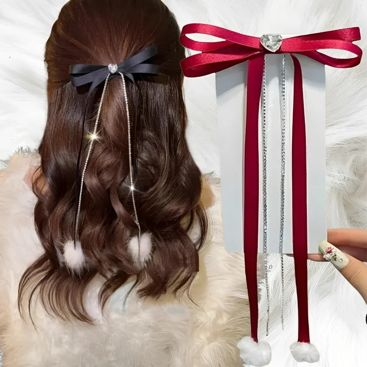 

Korean Sweet Girls Bow Hair Clip Bow Long Ribbon Y2K Pompoms Bow Bunches Heart Rhinestones Cute Double Pellet Barrettes Headwear