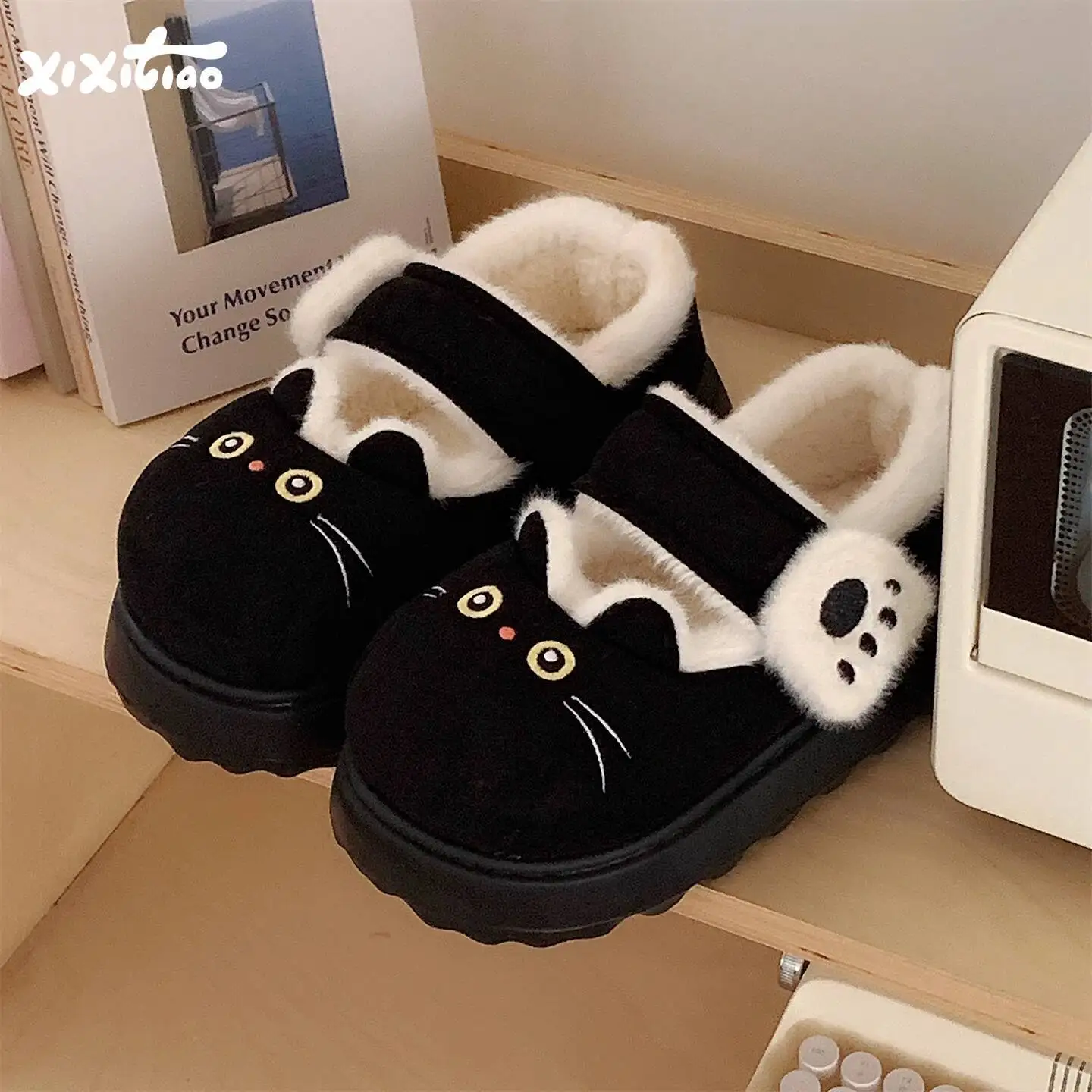 

2024 Winter Women's Home Slippers Cute Black Cat Lolita Shoes Thick Sole Non Slip Mary Jane Indoor Household Slippers