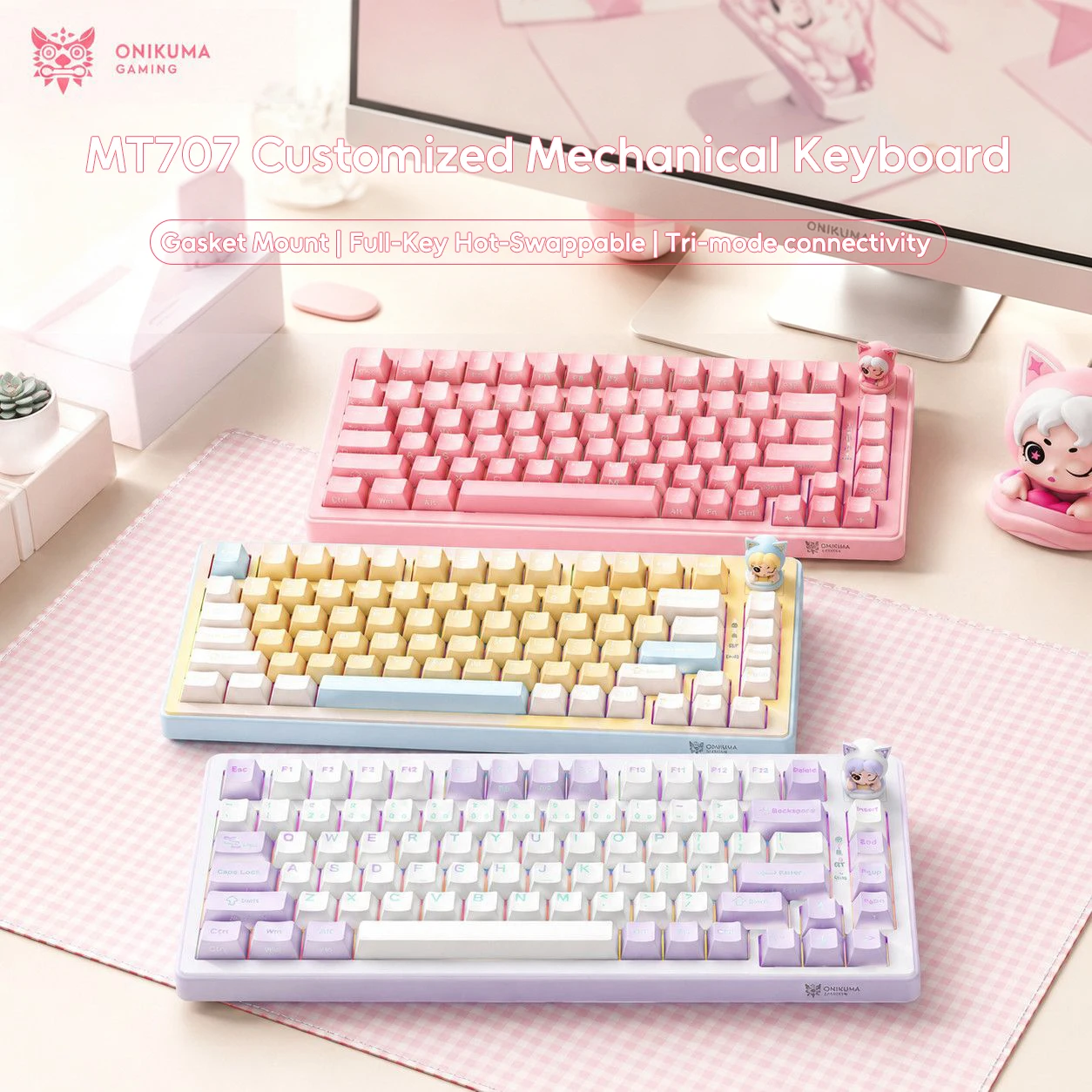 MT707 Wireless Customized Mechanical Gaming Keyboard 75% 82 Keys BT 2.4G Wired RGB Gasket Hotswap Character knob Gamer Keyboard