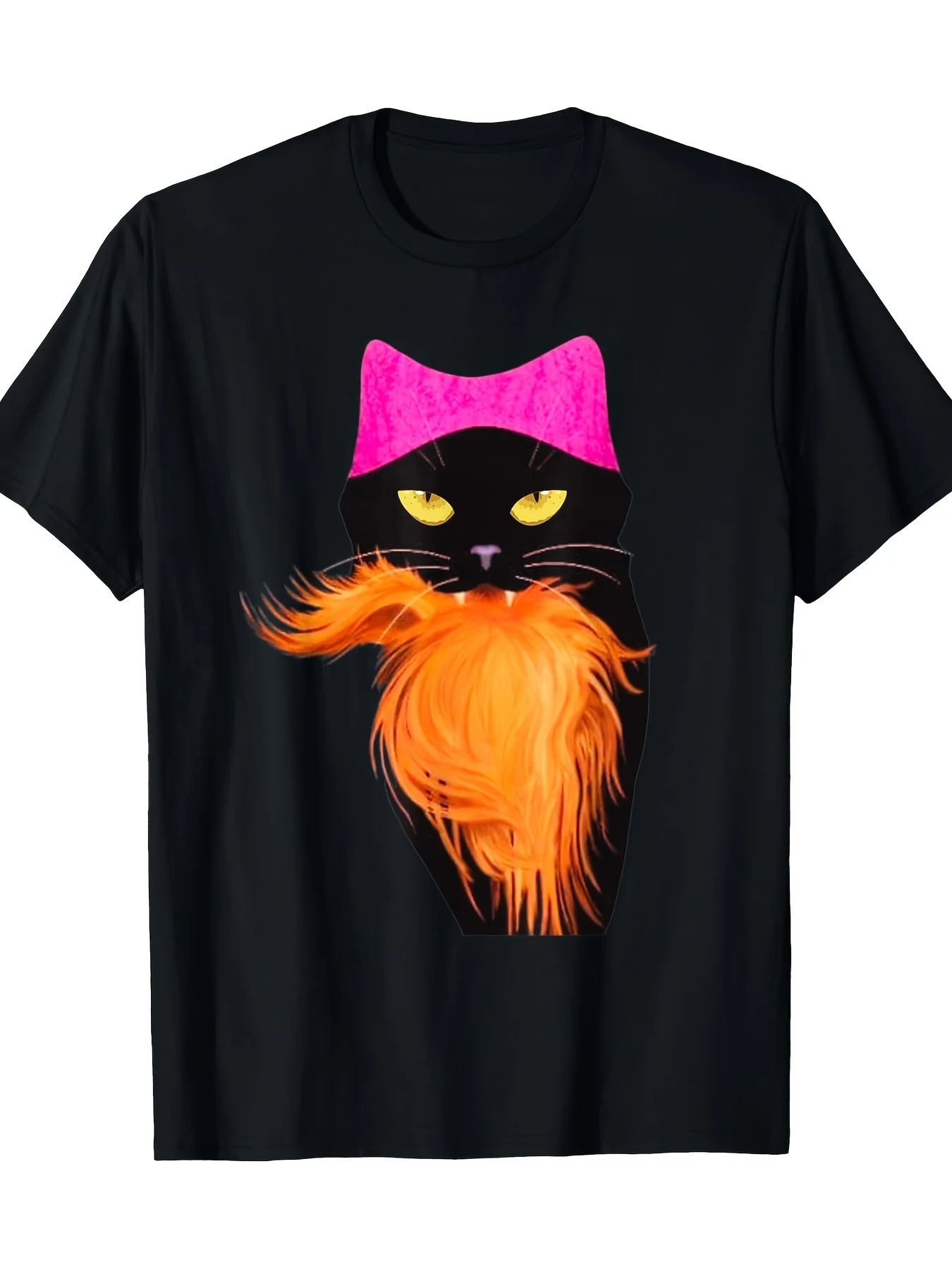 Camiseta Gráfica Negra de Moda para Hombre con Diseño de Gato con Orejas Rosas, Ojos Amarillos y Barba Naranja, Impresión con Ilustración Audaz, 100% Algodón, Manga Corta, Estilo Casual Urbano