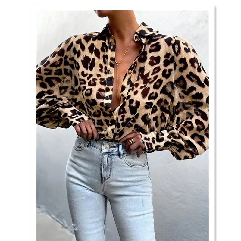 New Casual Loose Chiffon Long Sleeve Floral Leopard Print Shirt for Women Tops Clothes