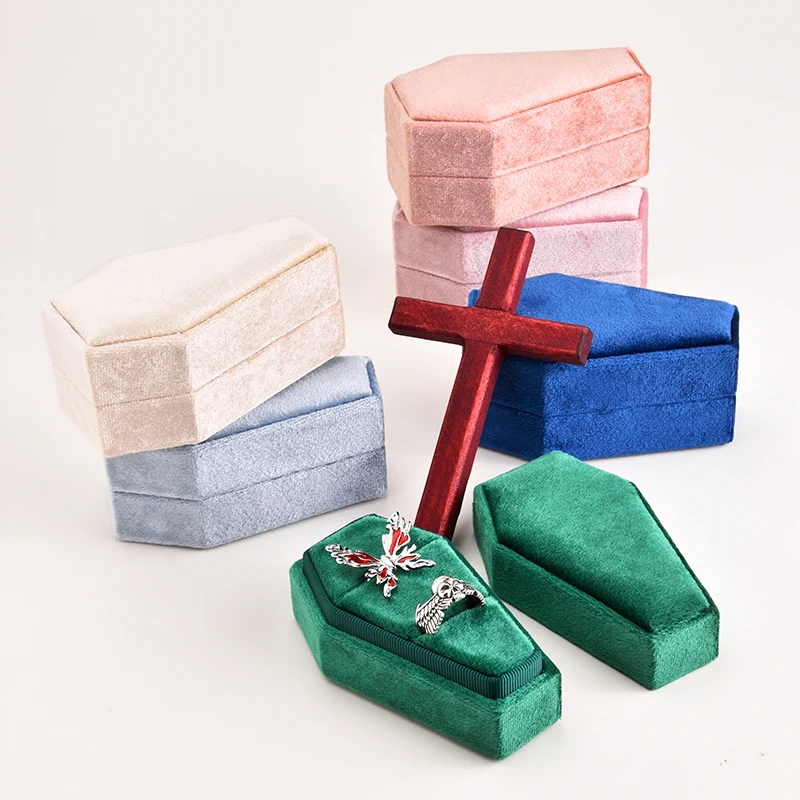 TAIMY Gothic Mini Coffin Ring Jewelry Box Detachable Lid Double Ring Holder Small Velvet Jewelry Storage Free Custom Logo Case