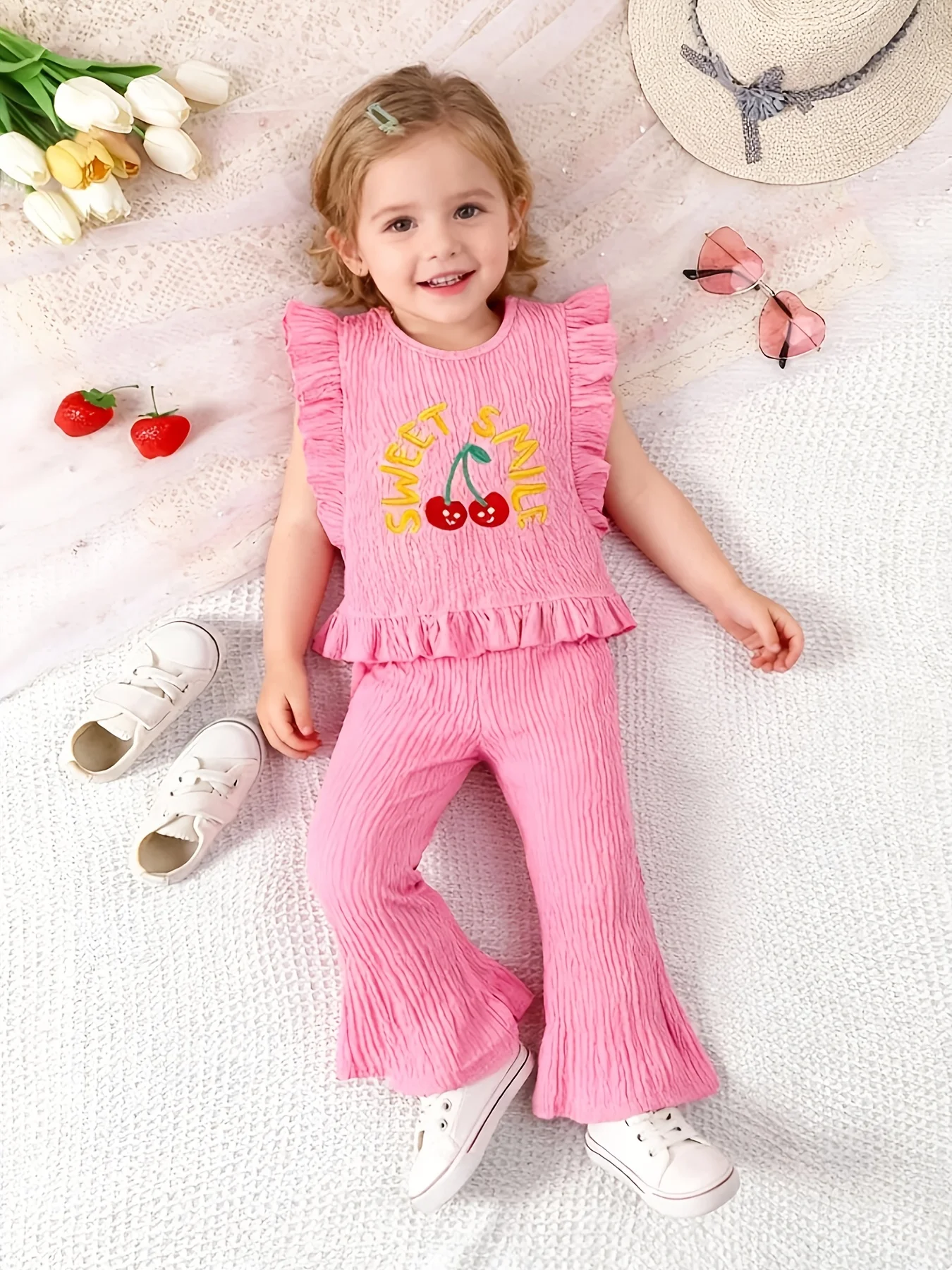 2 pieces of baby girl fashion alphabet fruit cherry embroidery ruffles sleeveless top   long pants set summer