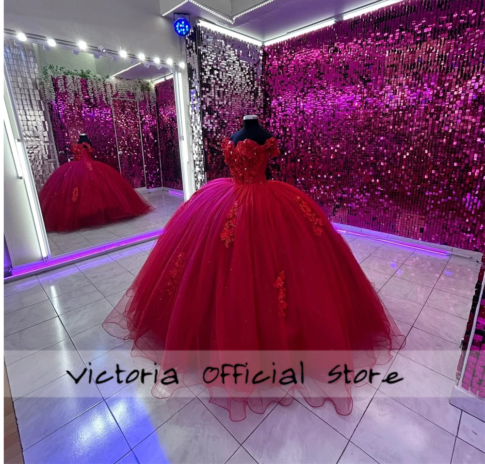 Pérolas vermelhas frisadas Vestidos Quinceanera, Fora do ombro, Vestido Princesa Querida, Flores 3D, Vestido de baile do México