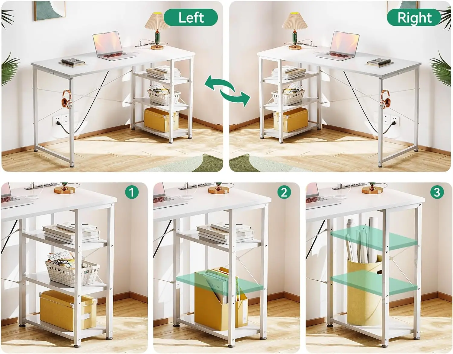 AODK 48 Inch Vanity Desk Study Table, Computer Desk with Power Outlet and USB & Type C Charging Port, Writing Desk with 3-Tier