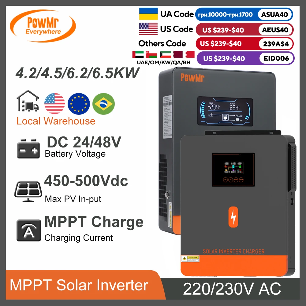 PowMr 4.2KW 4.5KW 6.2KW 6.5KW Hybrid Power Inverter MPPT Solar Charge DC 24V 48V to 230V AC Pure Sine Off-Grid Support LiFePo4