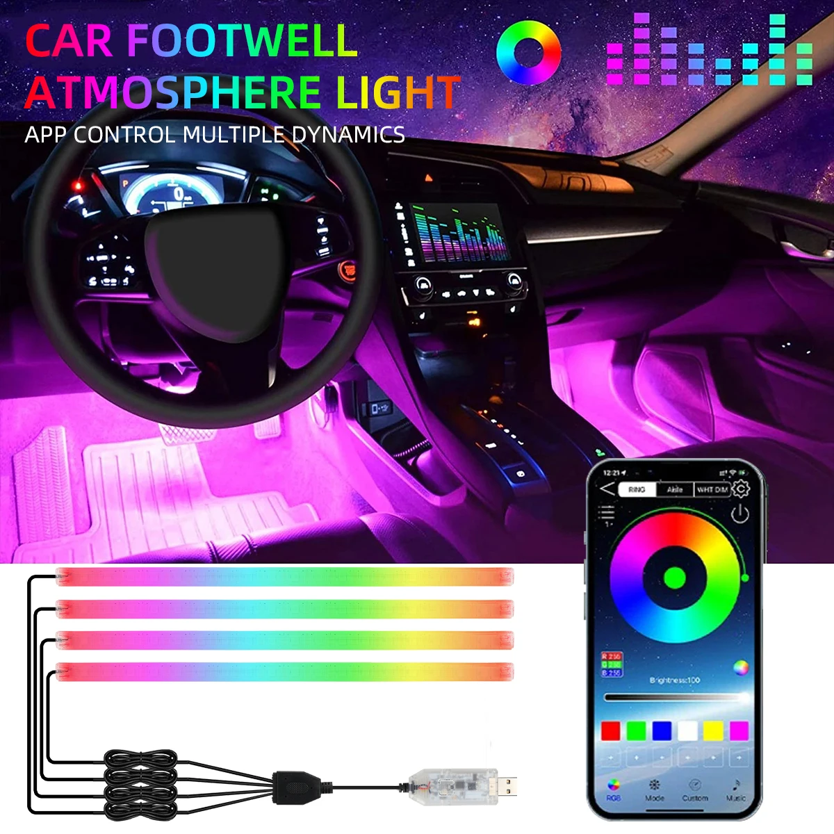 2/4in1 Neon Car Interior Ambient Foot Light 12/18 LED Wireless Remote USB APP Control RGB Rainbow Atmosphere Decorative Lamp