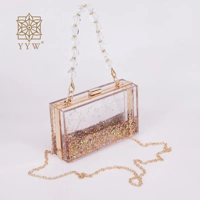 Sequined Transparent Clutch Women Acrylic Box Bag Party Evening Purse Shoulder Bags Hard Day Crystal Chain Cocktail Party Bags