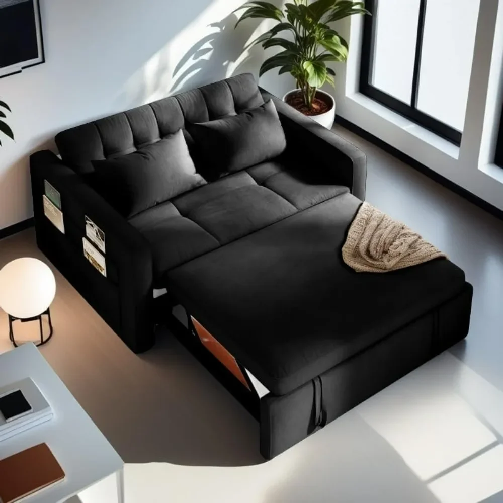 

55" Convertible Sofa Bed, Velvet Sleeper Sofa with Pull-Out Bed, Reclining Backrest and Side Pocket, 3-in-1 Futon Couch Sofas