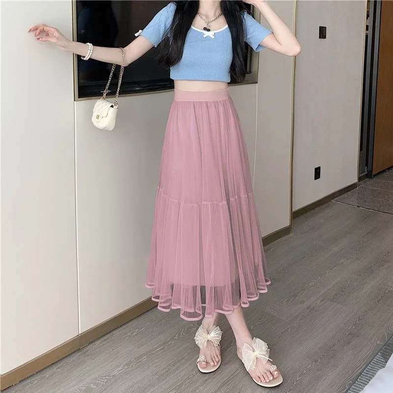 2023 Spring and Summer Fashion Simple High Waist Covering Belly Slim Leisure Vacation Mid Length Solid Color Pleated Mesh Skirt