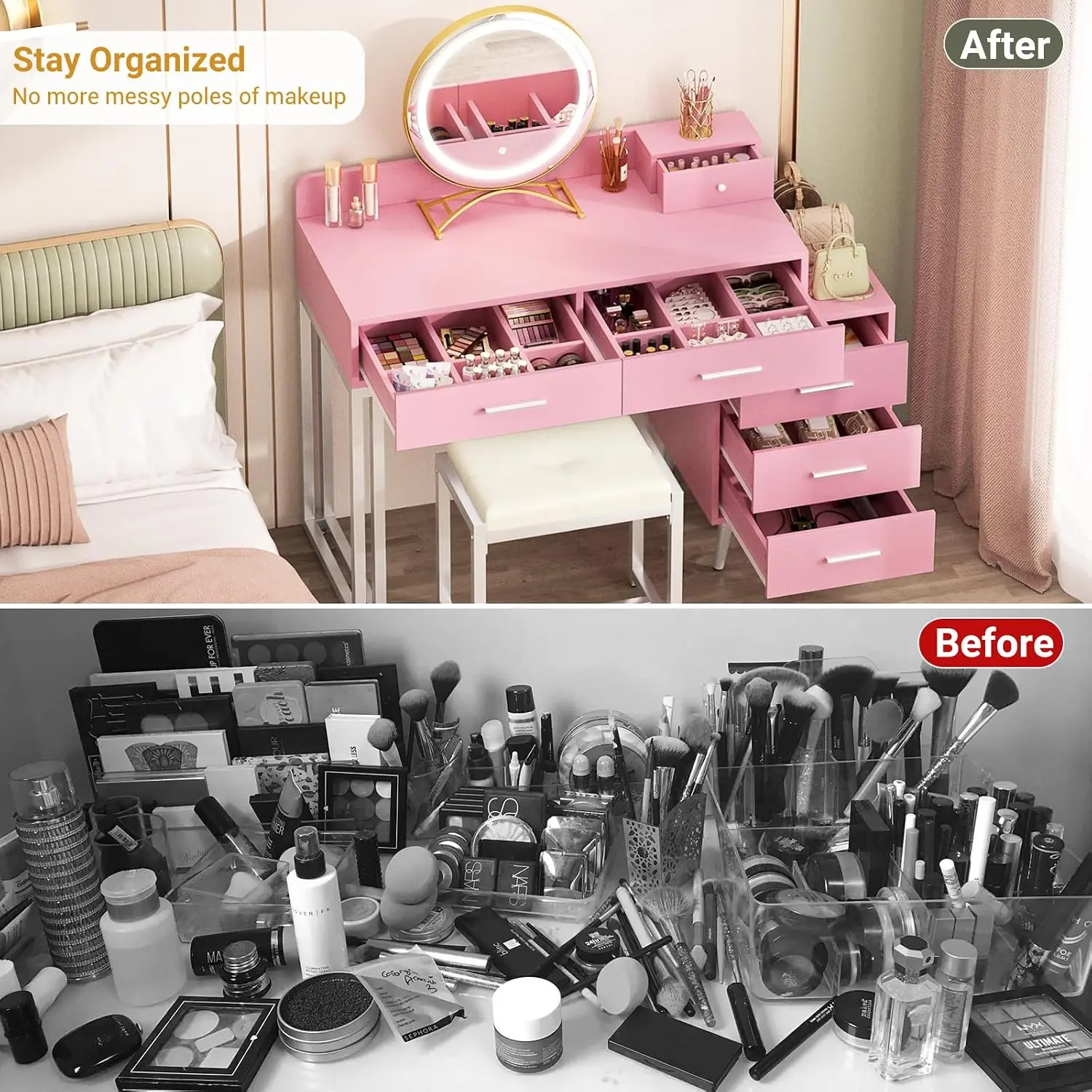 Pink Vanity Desk with Mirror and Lights, Modern Makeup Vanity Table Set with 6 Storage Drawers and Cushioned Stool for Bedroom,