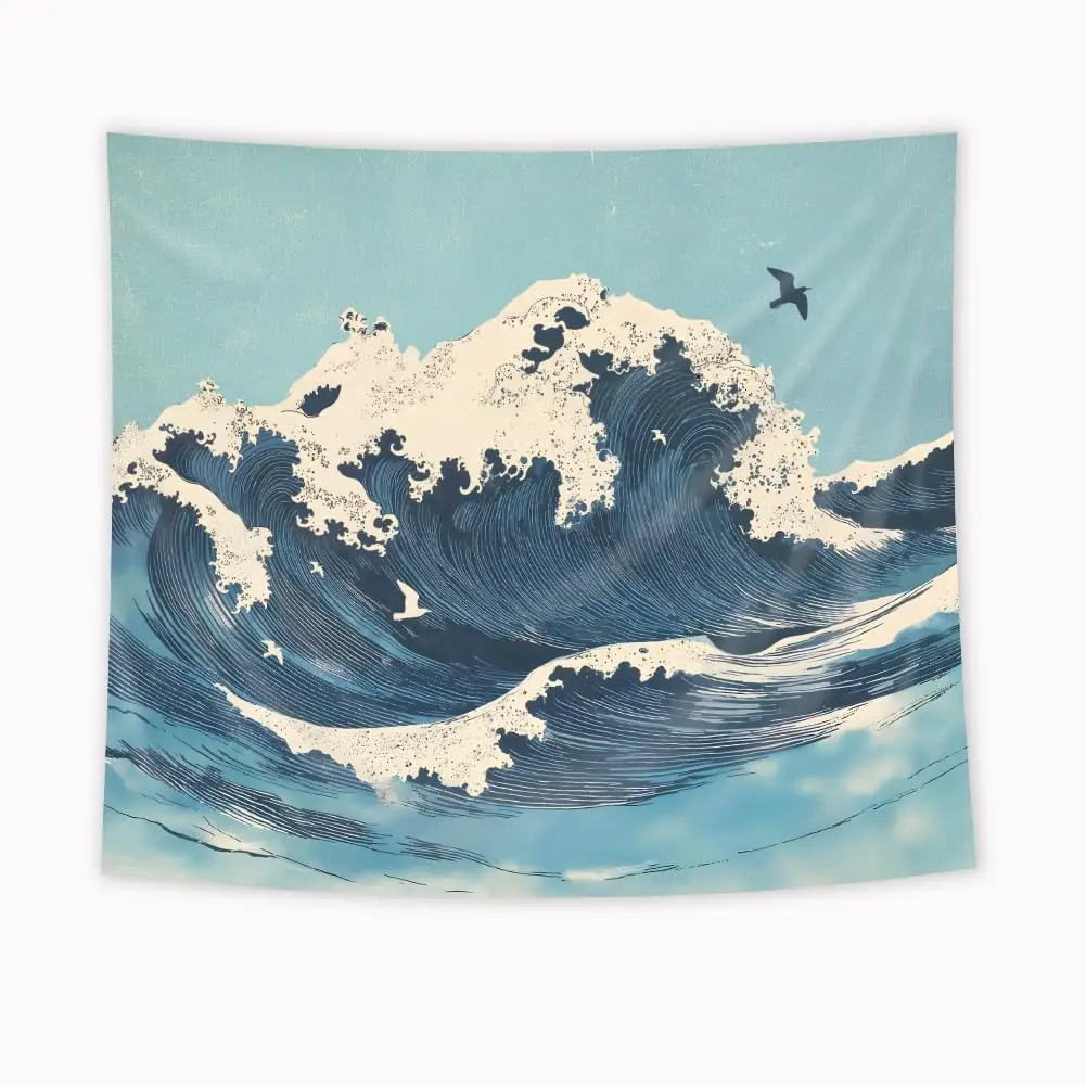 Japanese Blue Sea Wave Tapestry Retro Ocean Abstract Beach Landscape Scenery Nature Summer Simple Modern Hawaii Wall Hanging
