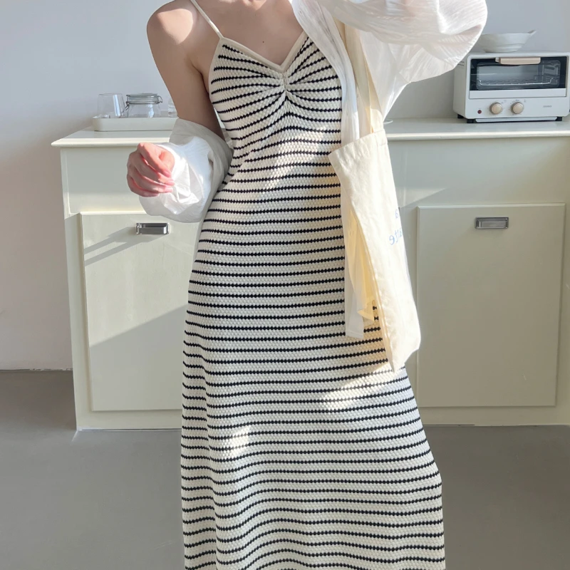 Women Striped Maxi Dresses Strap Classical Vintage Summer Soft Harajuku Japanese Style Prevalent Slim Knitted Elegant Slouchy