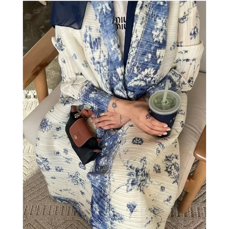 Fashion Saudi Women\'s Long Gown White Premium Printed Temperament Elegant Pleated Abaya Casual Peplum Holiday Dress Jacket