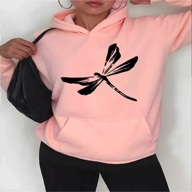Dragonfly Print Hoodie Casual Drawstring Hooded Sweatshirt Pockets Fall Winter Season Comfortable Womens Casual Daily Wear