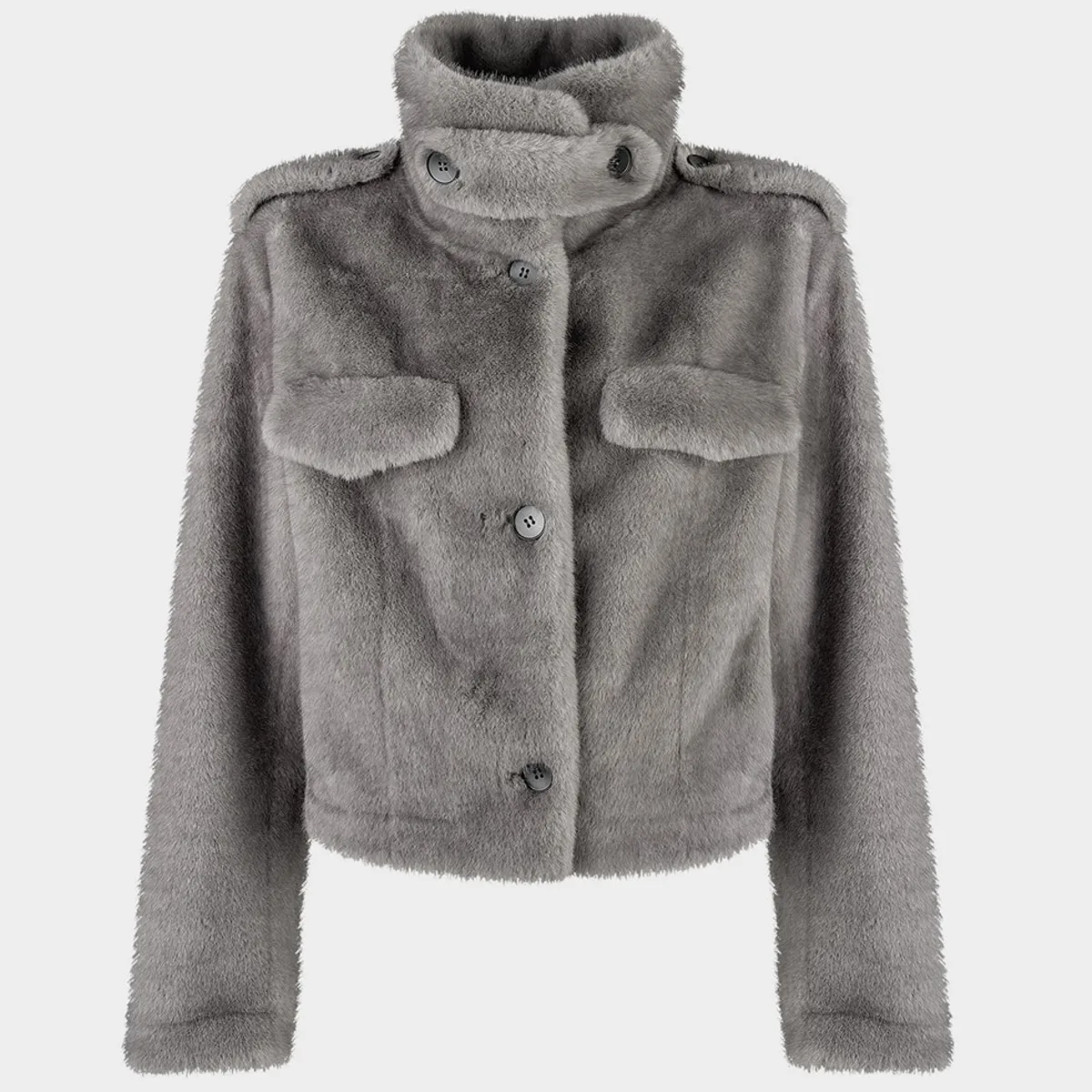 IG Women Brown & Grey Stand Collar Epaulet Flap Pocket Single Breasted Cropped Jacket, Elastic Hem, Winter Warm Vintage Casual