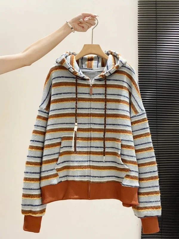 Retro  Striped Hooded Zipper Sweatshirt Women's Drawstring Loose Open Cardigan Coat Korean Style Casual Outerwear