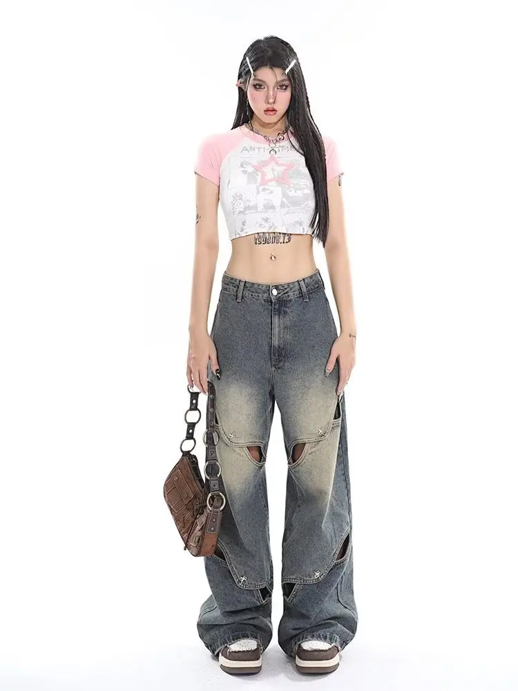 Small crowd deconstruction design sense jeans, high street wide leg pants, high-end floor long pants, trendy brand women's jeans