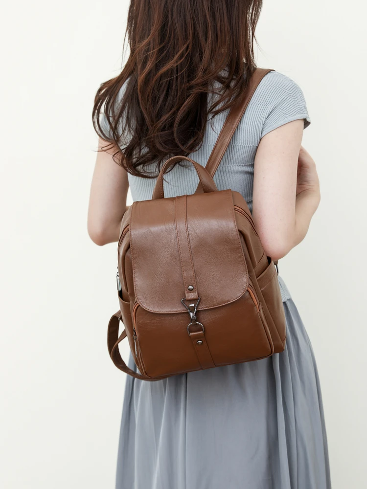 

Retro Soft Leather Double Shoulder Bag Women's Large Capacity Fashionable Commuting Backpack Travel Bookbag Casual Simple Style
