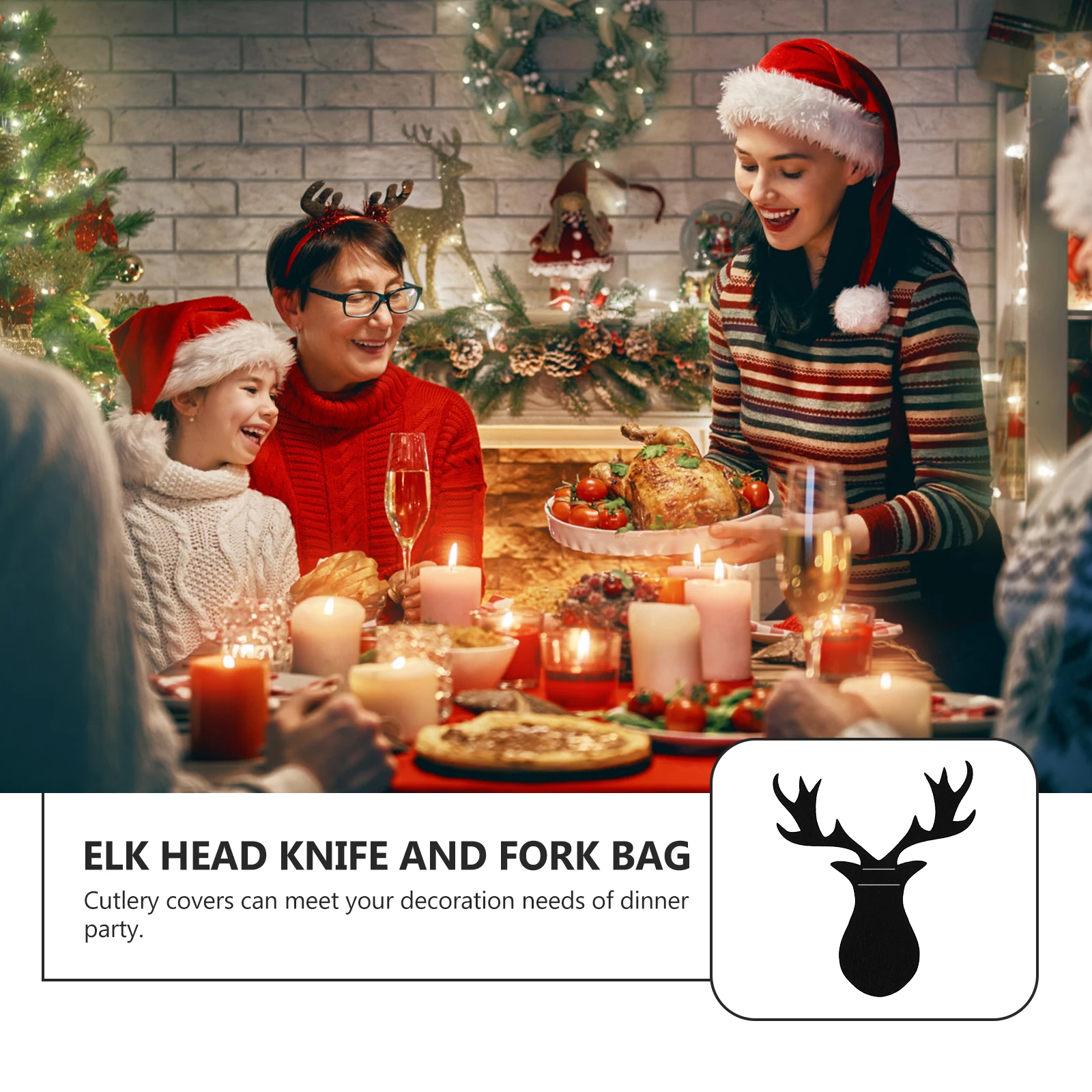 

8Pcs Xmas Elk Head Tableware Bag Small Size Cutlery Cover Christmas Dinner Party Party Tableware Holder Fork Cutter