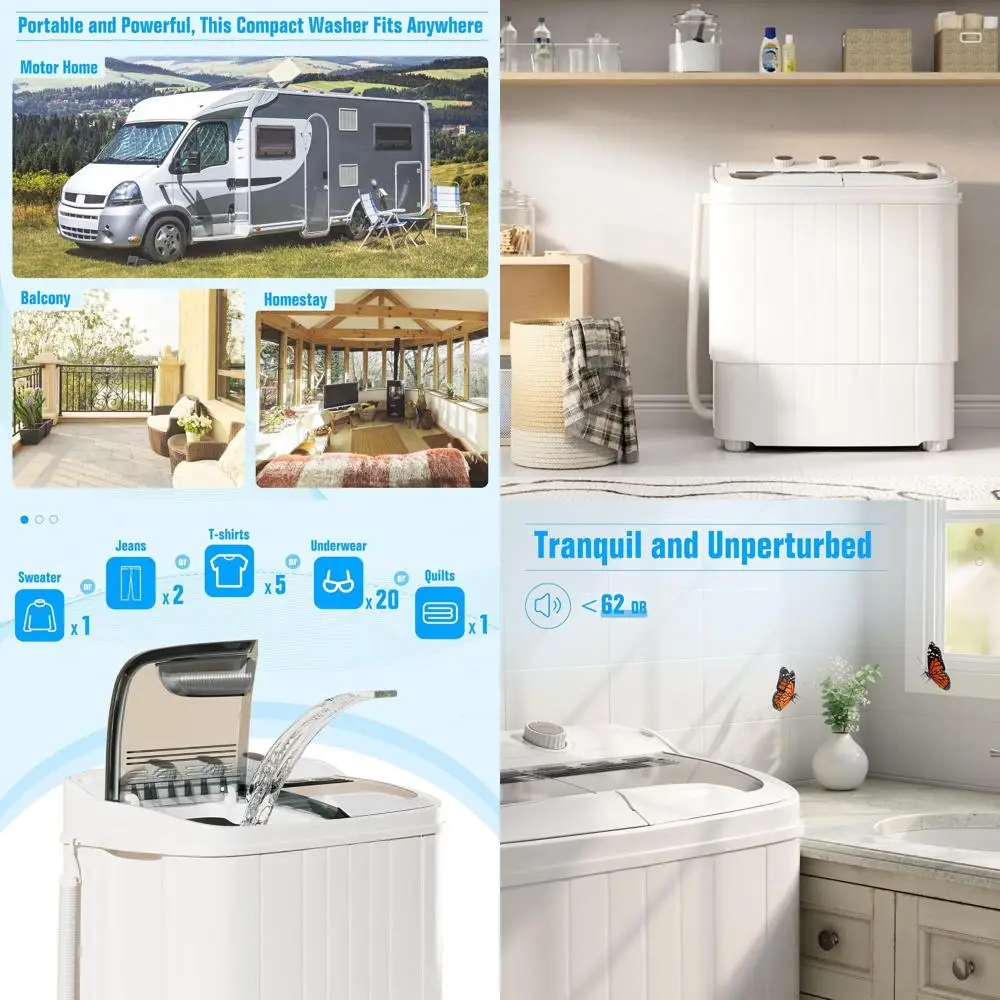 

Компактная мини-стиральная машина с двумя баками и функцией сушки, 16 фунтов, с удлиненным шлангом, идеально подходит для автодомов, общежитий и небольших помещений (серый)