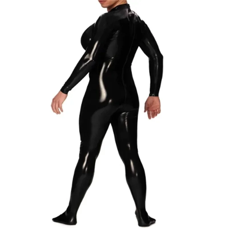 Fashion Gummi Black Men's Latex Rubber Catsuit Inflatable Breast with Socks Back Crotch Zipper Fetish Cosplay Costume