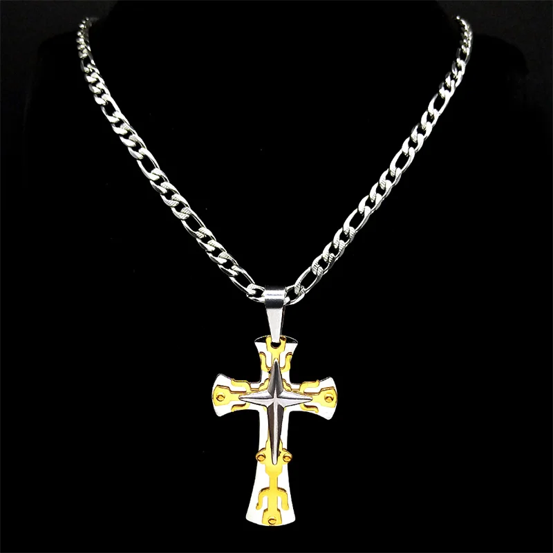 

Chritian Double Trident Star Big Cross Pendant Necklace for Men Stainless Steel Gold Silver Color Hip Hop Chain Amulet Jewelry