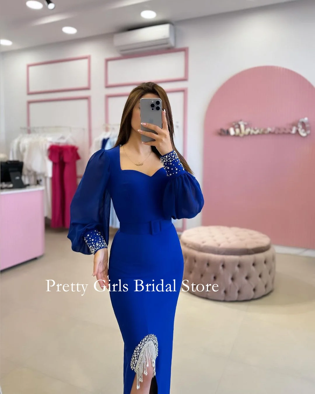 OEING Arabic Style Vintage Sweetheart Satin Evening Dresses Puff Sleeves Royal Blue Beading Formal Prom Growns Party Women Bride