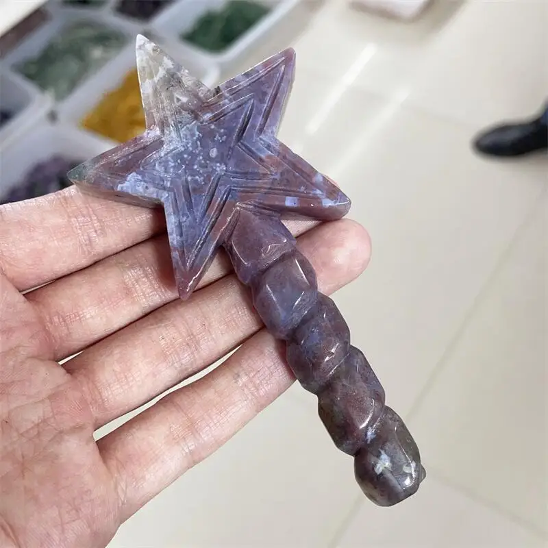 11.5CM Natural Ocean Jasper Star Magic Wand Crystal Carving Healing Energy Stone Home Decoration Christmas Gift 1pcs