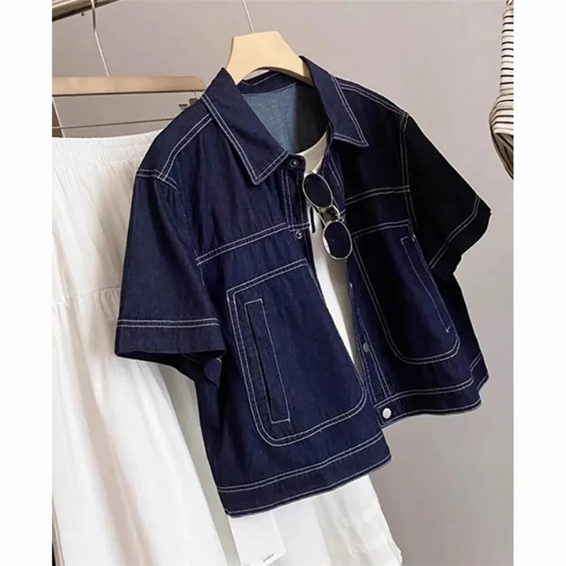 Deep Blue Retro Short Denim Shirts 2026 New Spring Summer Short Sleeved Loose Jeans Jacket Women Korean Versatile Outwear Tops