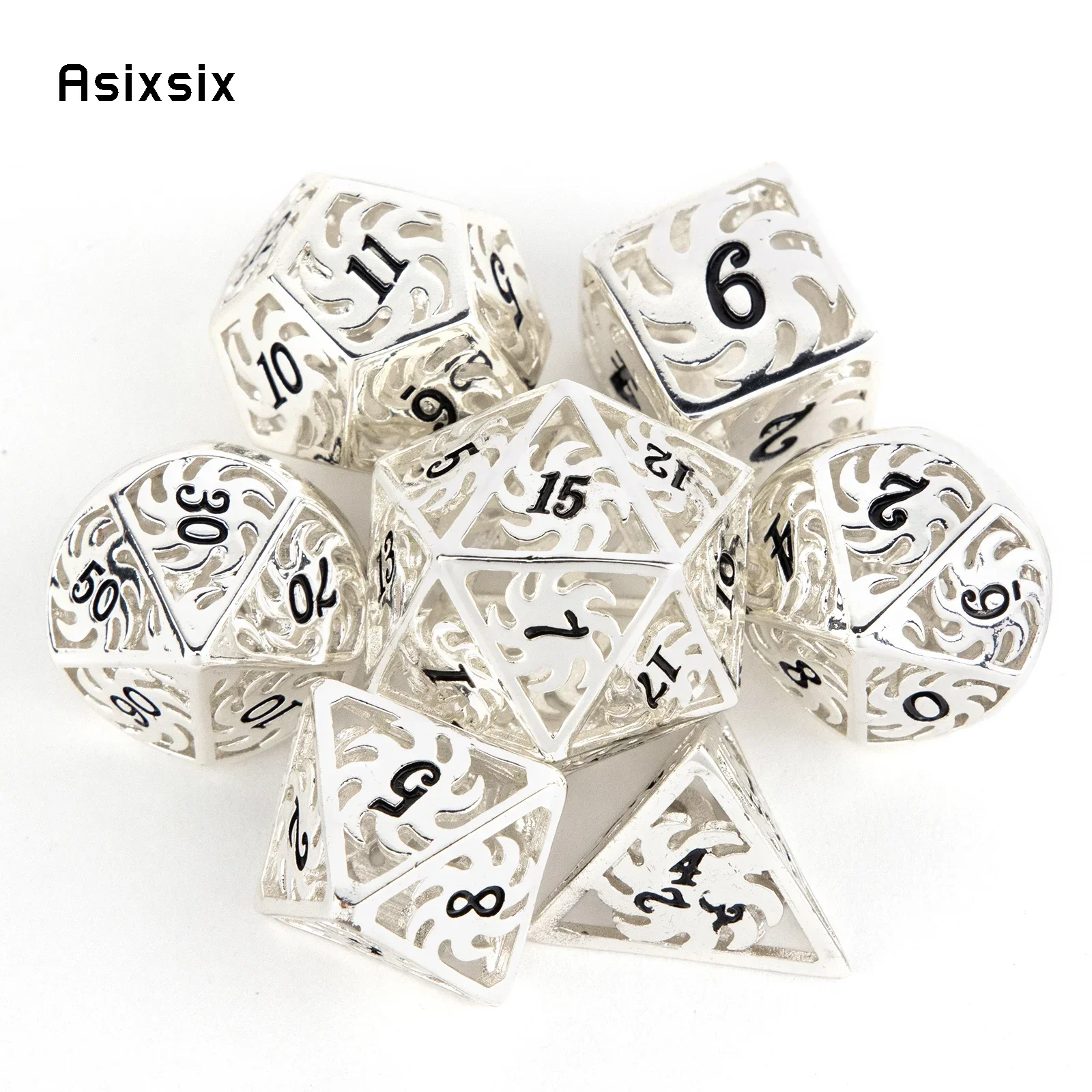 

7 Pcs White Black Windmill Metal Dice Hollow Metal Polyhedral Dice Set Suitable for Role-Playing RPG Board Game Gift