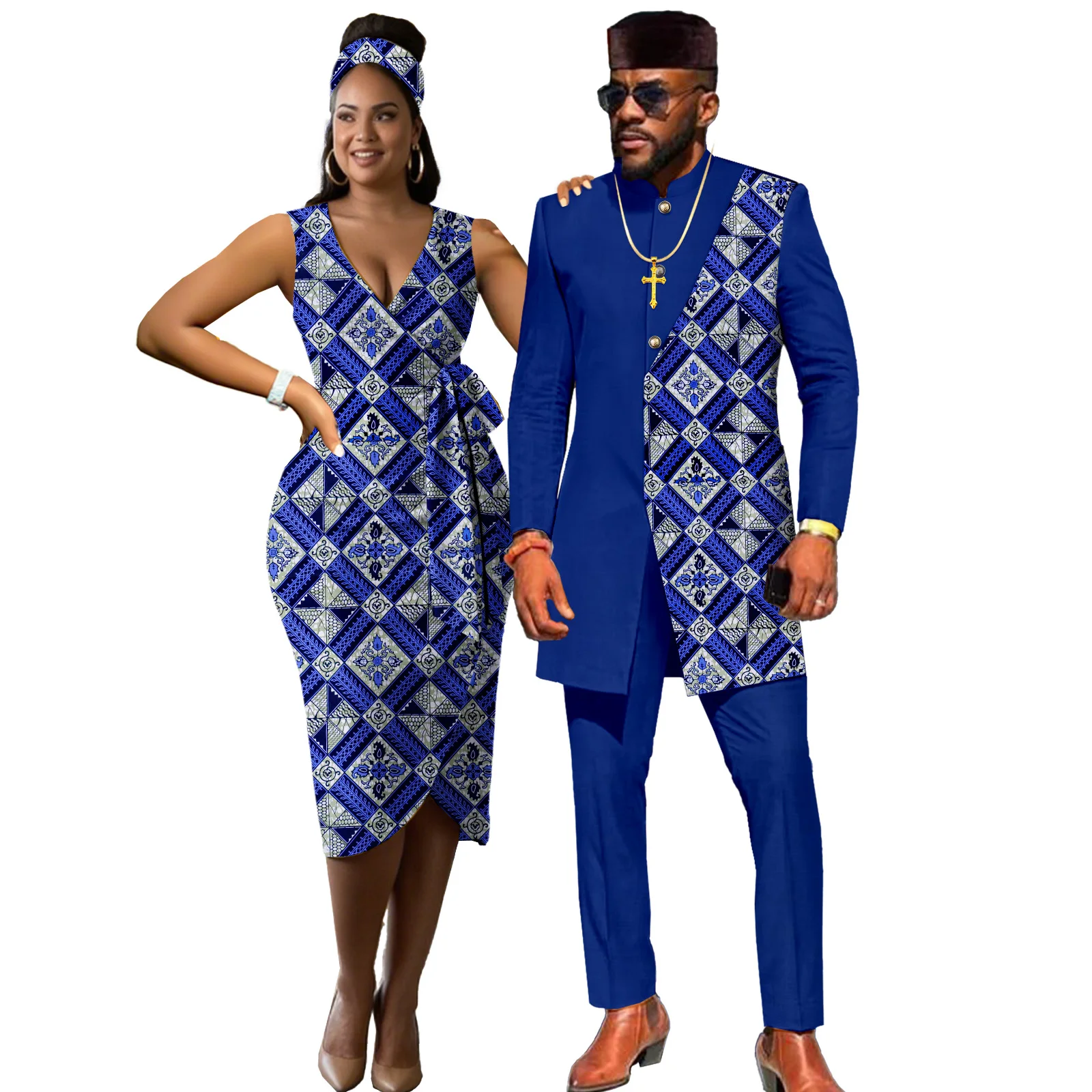 

African Outfits for Couples Women Ankara Gown Dress Kente Print Clothes Attire or Men Dashiki Suits