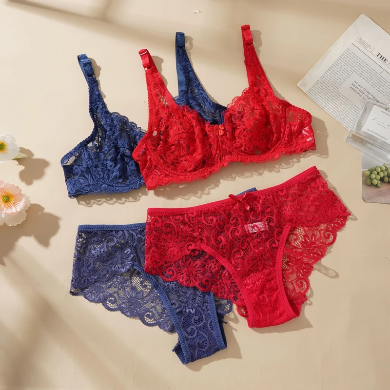 Sexy Lace Bra Suit Non-pad Women Ultra-thin Push-up Panty Set Delicate President for Girlfriend Cup 