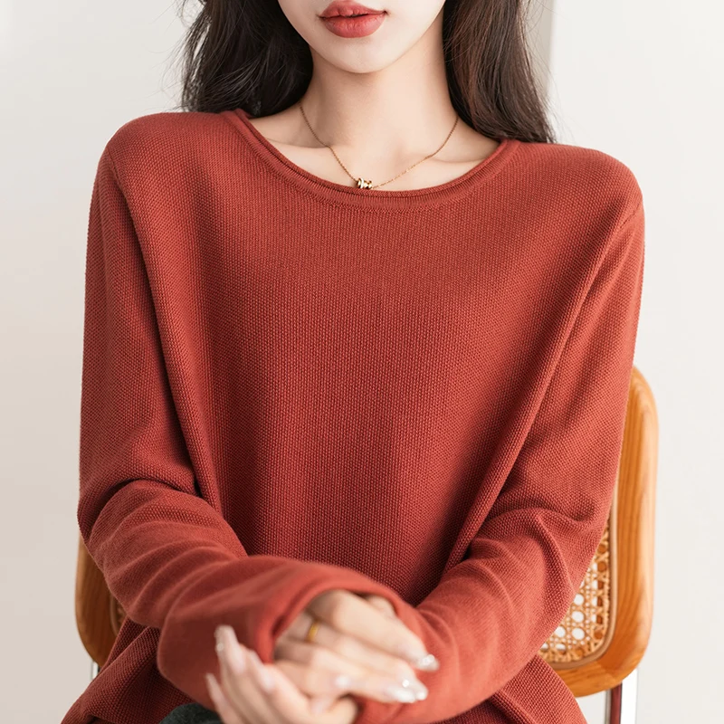 ZOCEPT Spring Autumn Women's Pure Cotton Round Neck Long Top Sleeved Pullover Sweater Solid Color Loose Casual Knitted Sweater