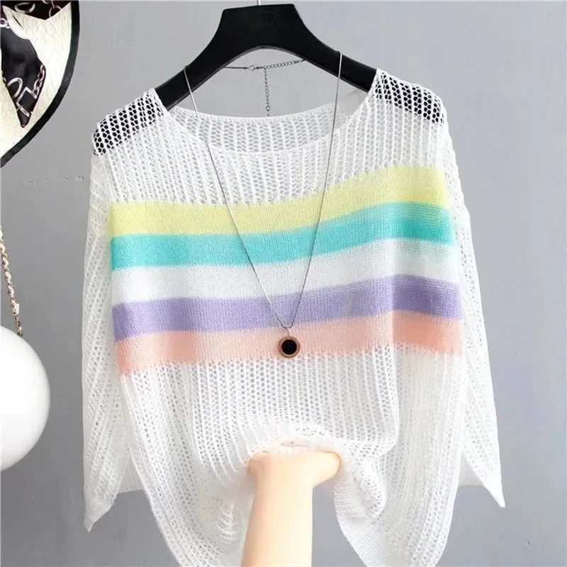 Women Half Sleeve Colorful Hollow Out Blouses Striped Ice Silk Knit Shirt Loose Retro Style Pullover Lightweight Tank Tops