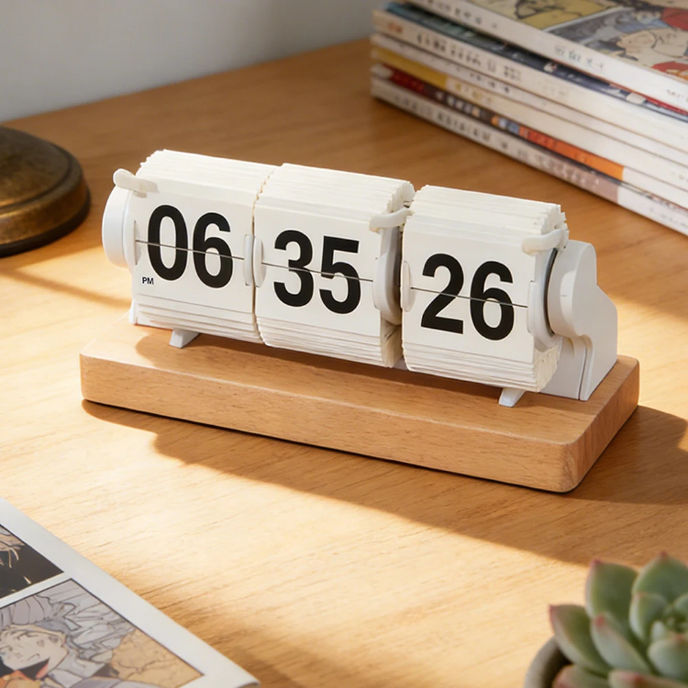 Wooden Flip Clock with Seconds Digit-Automatic Page Turning and Timer. Home Desktop Decorative Item Fusing Technology & Design