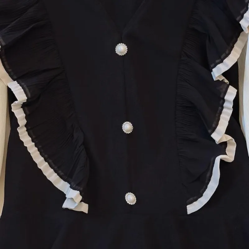 Women's 2024 Spring New Fashion Versatile Spliced Ruffles Fake Two Piece V-neck Long Sleeve Belted Button Pullover Shirts Tops