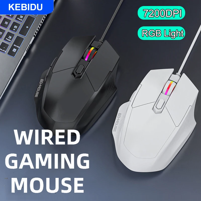 Wired Gaming Mouse RGB Light 7200DPI Adjustable Mouse 6-Button Cord Ergonomic Mice USB Silent Mouse for Desktop Laptop PC
