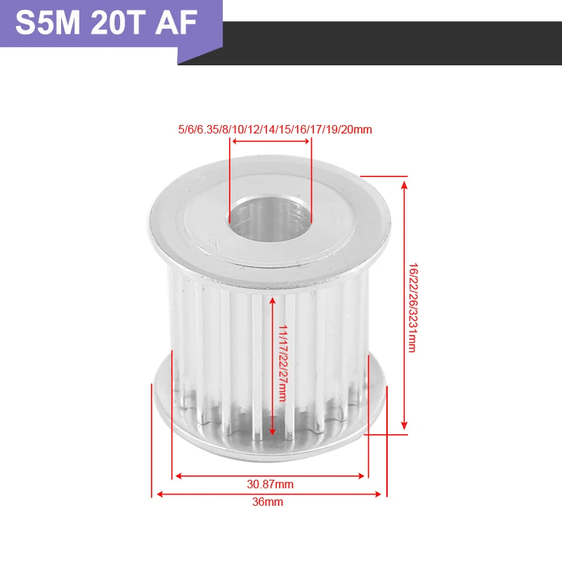 Tooth Belt Pulley S5M 20T 6/6.35/8/17/19/20mm Inner Bore 11/17/22/27mm Width S5M Type Synchronous Pulley Wheel for 3D Printer