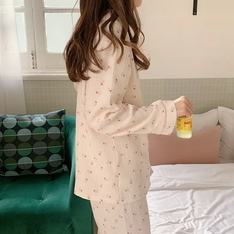 Sweet Floral Pajama Sets Women Spring Sleevewear Cute Schoolgirls Long Sleeve Pajamas Japanese Style Casual Home Wear Ins Cozy