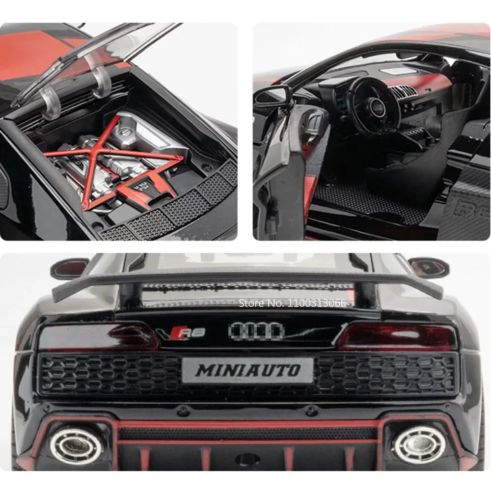 1:24 R8 V10 Legering Speelgoed Auto Model Diecast Metal Body Geluid Licht Trek Rubberen Banden Voertuig voor Jongens Verjaardag Verzamelen Geschenken