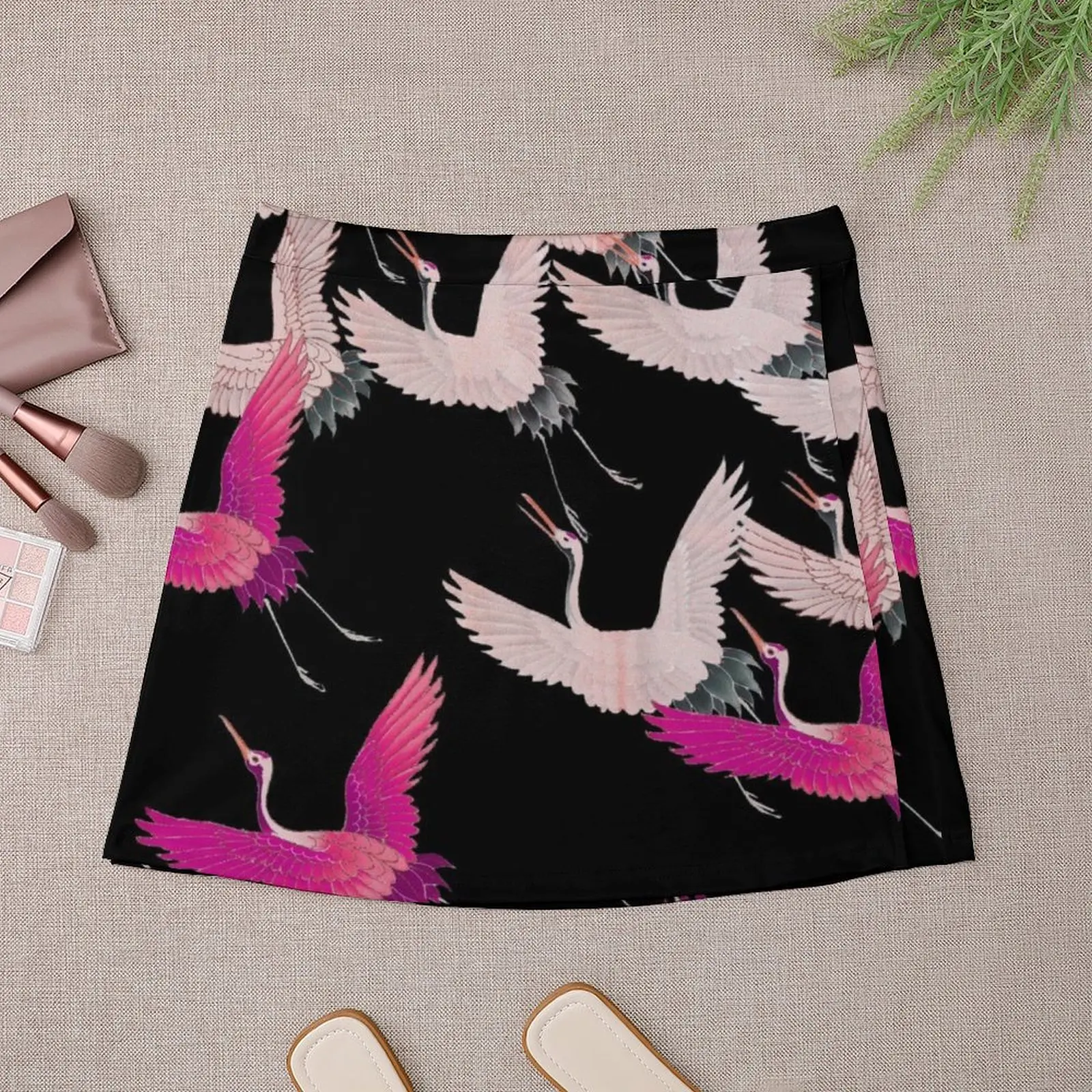 FLYING PINK WHITE CRANES IN BLACK Japanese Pattern Mini Skirt skirt for women Clothing female girls skirt Mini
