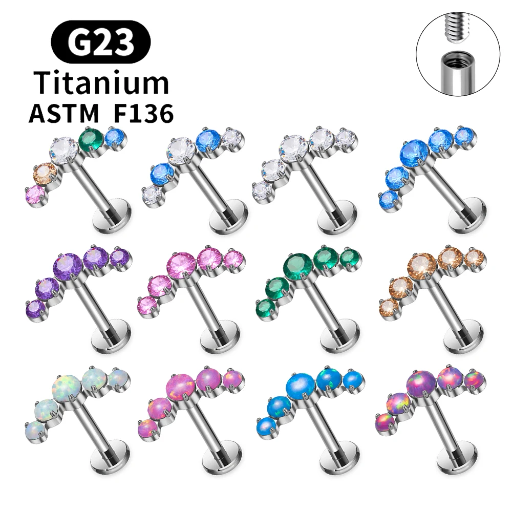 ASTM F136 Titanium CZ Cluster Climber Earring 16G Internal Thread Flatback Labret Stud Cartilage Tragus Helix Piercing Jewelry