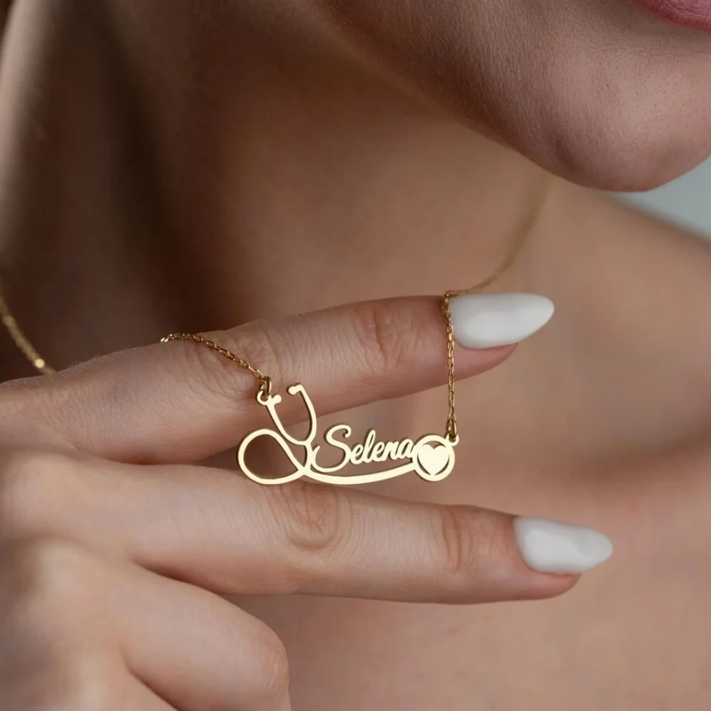 Custom Heart Stethoscope Name Necklace Personalized Nameplate Medical Necklace Stainless Steel Jewelry Gifts For Doctors Nurses