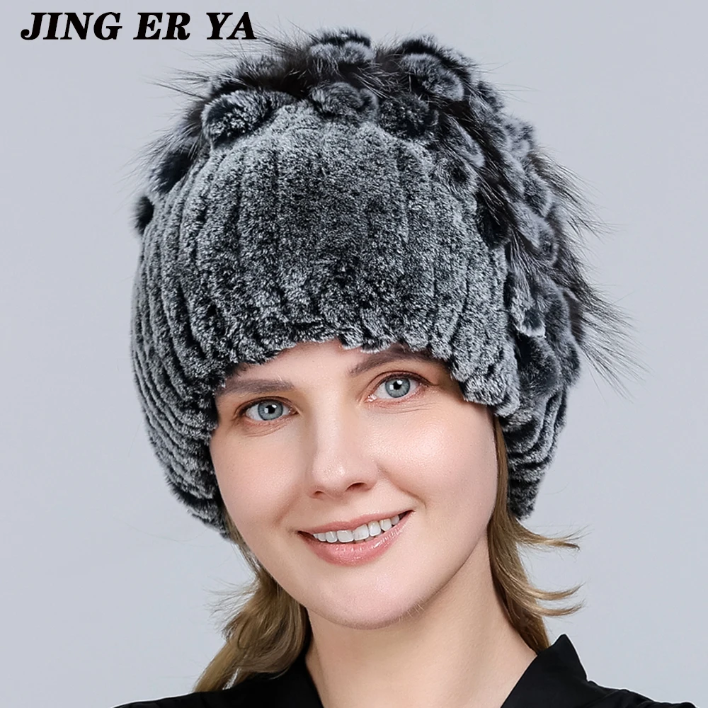 JERYAFUR Winter Women\'s Warm Fashion Beanie Knitted Hat Real Rex Rabbit Fur Hat Knitted with Side Flower Russia Hat