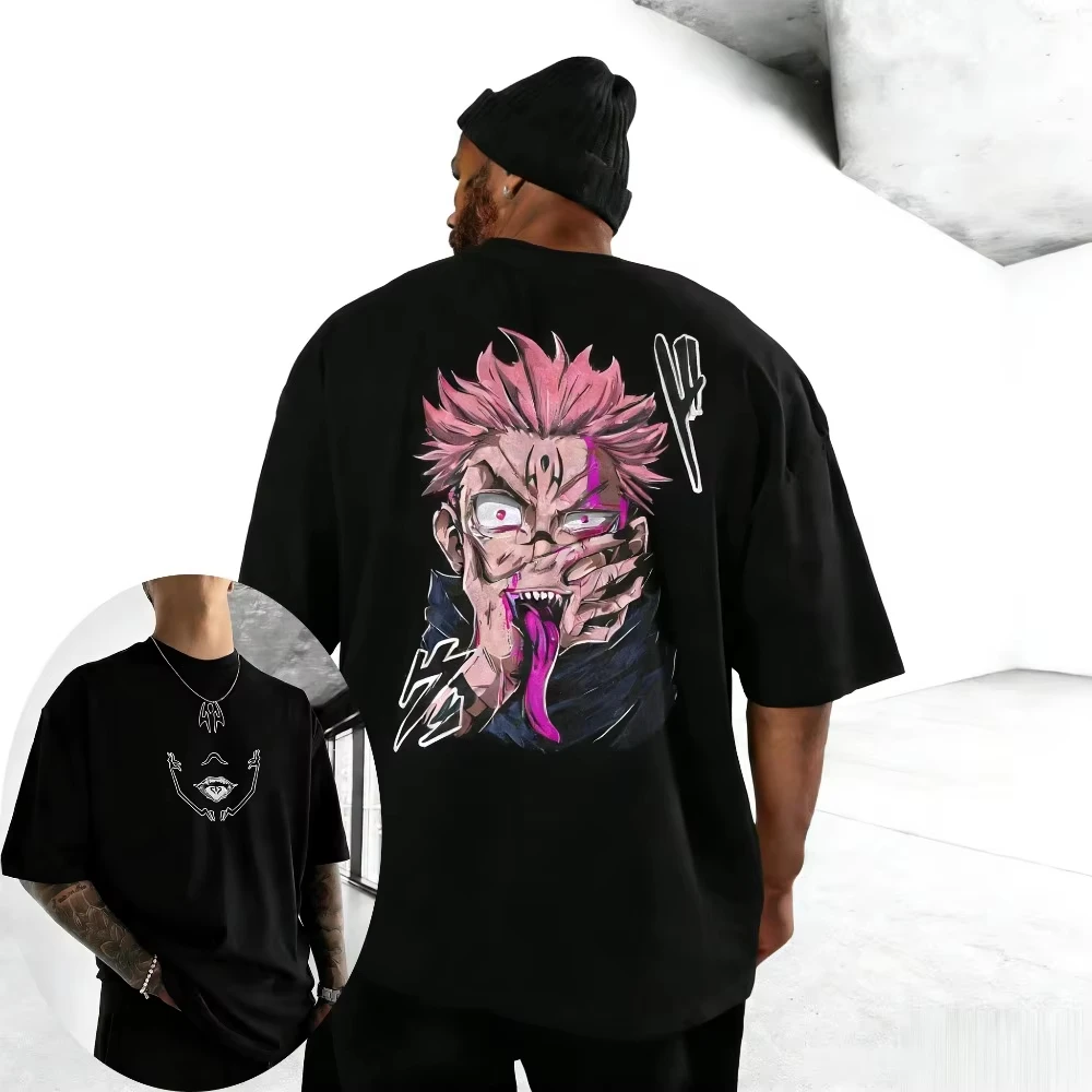 

Футболка унисекс Jujutsu Kaisen Ryomen Sukuna из чистого хлопка, летняя коллекция 2026, с аниме-принтом, круглым вырезом, свободного кроя, семейная, с коротким рукавом